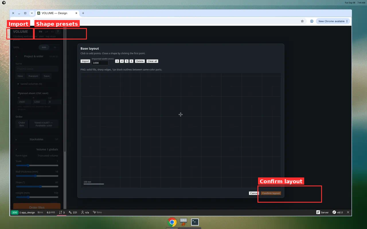 Empty base layout canvas with Import and Confirm layout highlighted