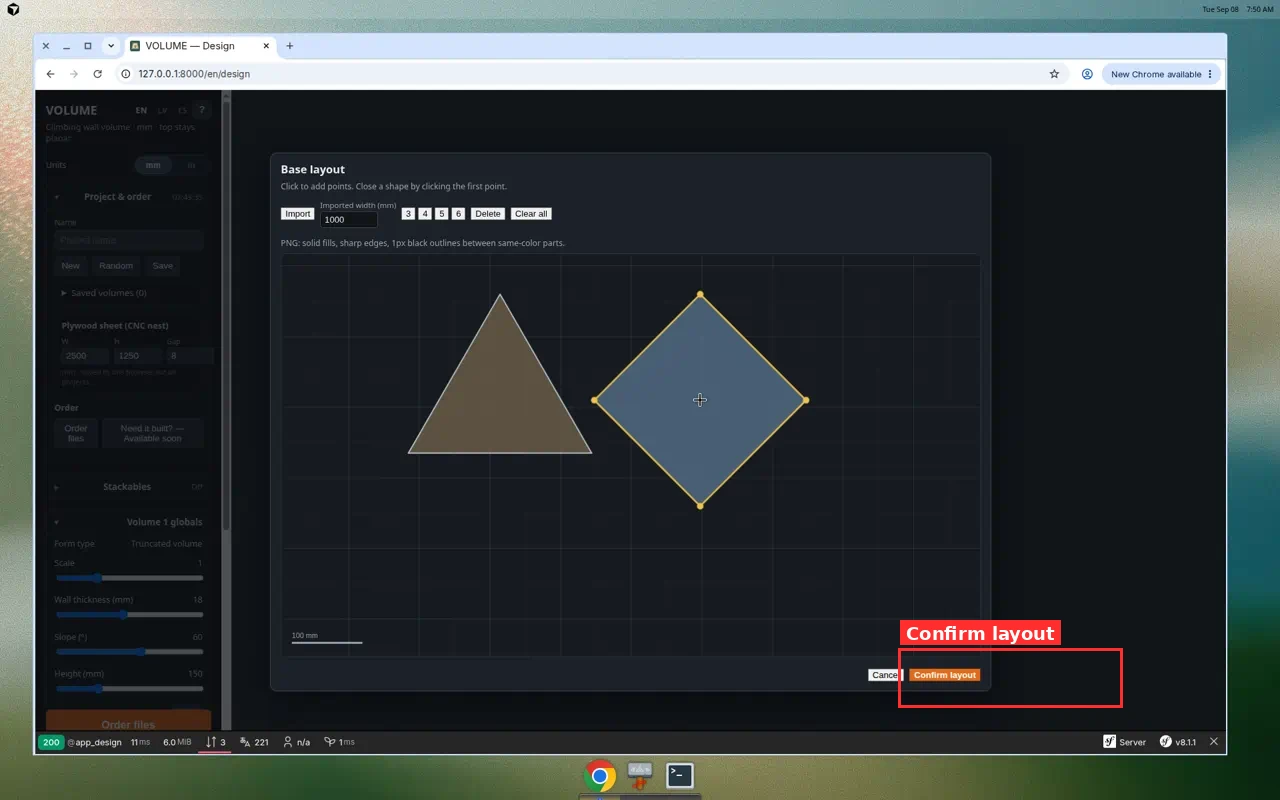 Base layout canvas with two shapes ready to confirm