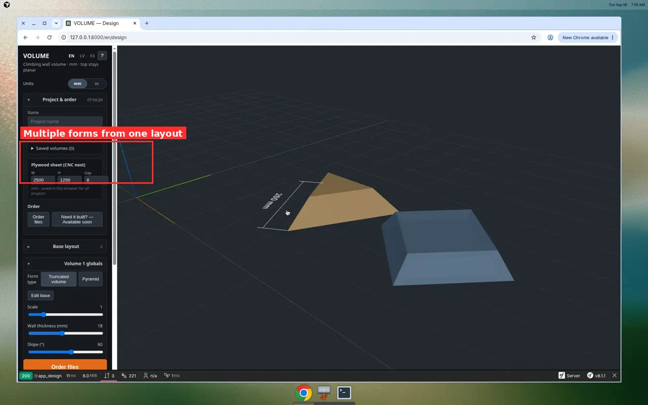 3D view of multiple volumes generated from one base layout