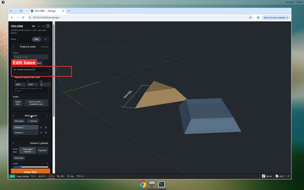 Left panel Base layout section with Edit base button