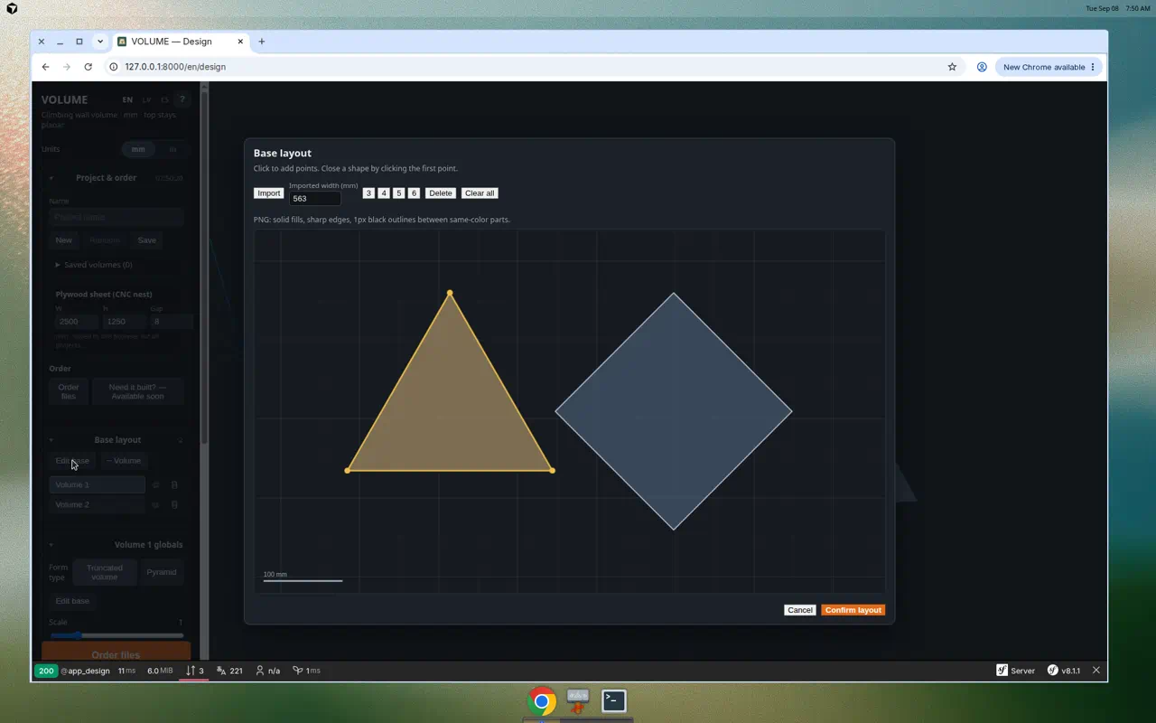 Base layout editor showing Import button and PNG hint text