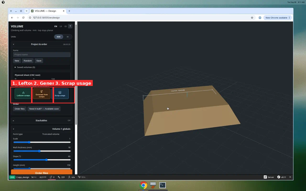 Plywood sheet section with three leftover scrap icon buttons highlighted