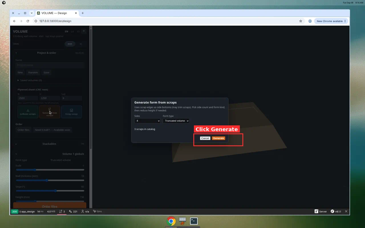 Generate form from scraps dialog with Generate highlighted