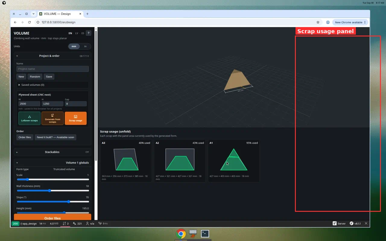 Scrap usage unfold panel showing percent used per leftover